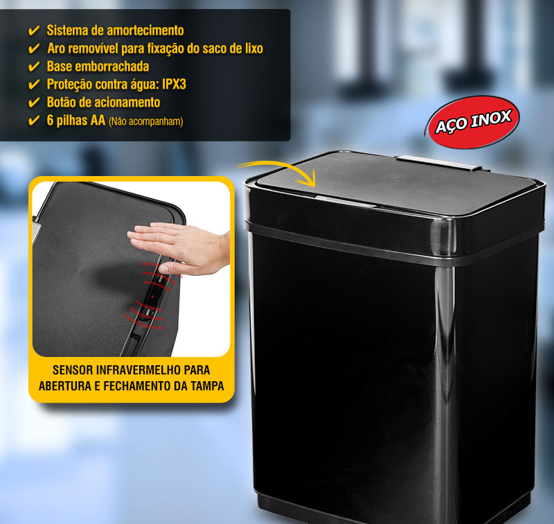 VONDER - Lixeira Retangular com Sensor de Abertura, 50 Litros, Inox