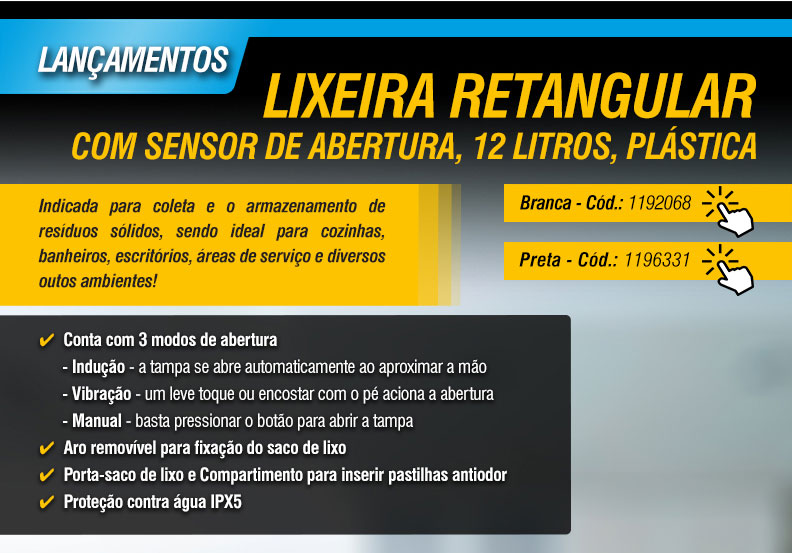 VONDER - Lixeira Retangular com Sensor de abertura, 12 Litros, Plstica