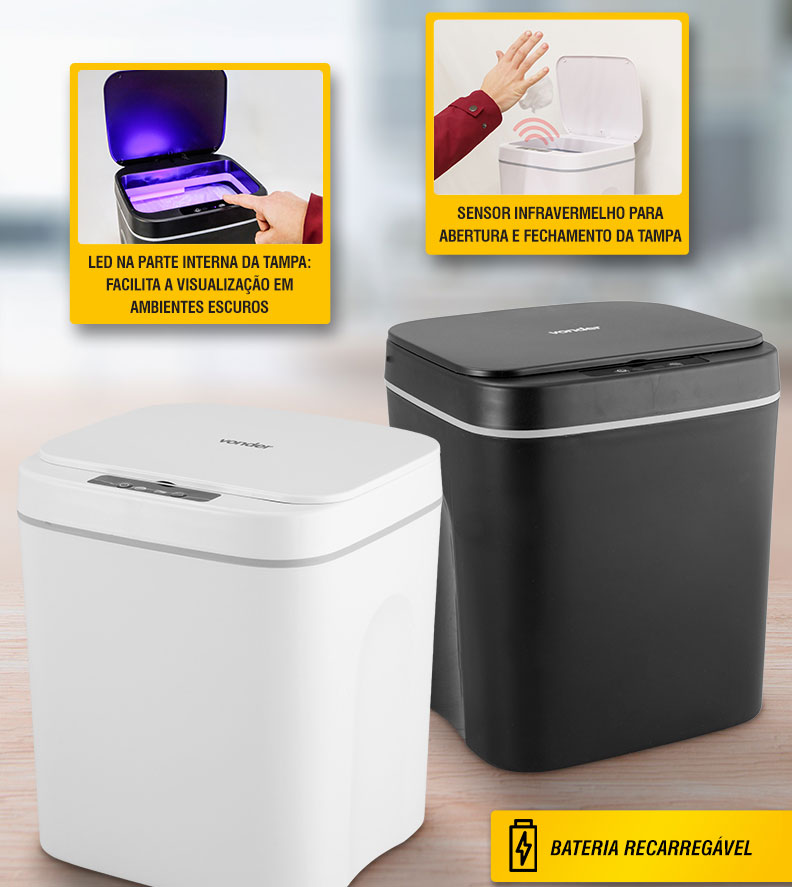 VONDER - Lixeira Retangular com Sensor de abertura, 12 Litros, Plstica
