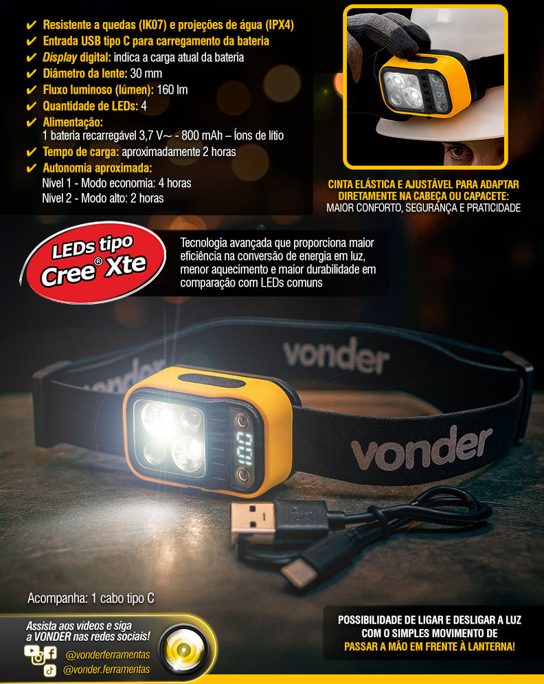 VONDER - Lanterna de LED para cabea, recarregvel, LED CREE Xte, LCV 220