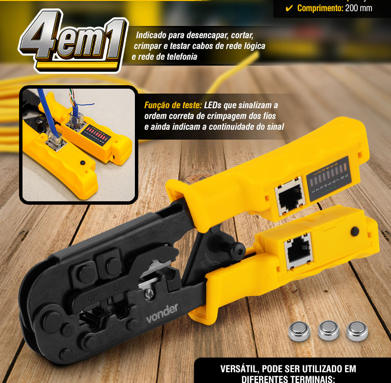 VONDER - Alicate Crimpador 4 em 1 para Cabos de Rede e Dados, AC 410