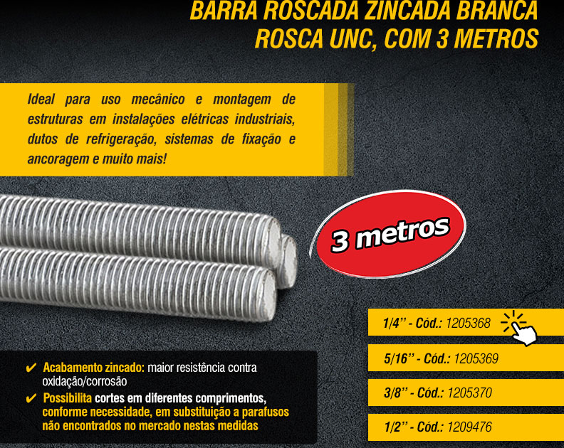 VONDER - Barra Roscada Zincada Branca, Rosca UNC, com 3 metros e Prolongador para Barra Roscada, Zincado