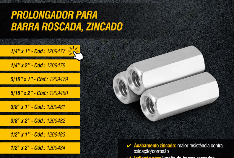 VONDER - Barra Roscada Zincada Branca, Rosca UNC, com 3 metros e Prolongador para Barra Roscada, Zincado