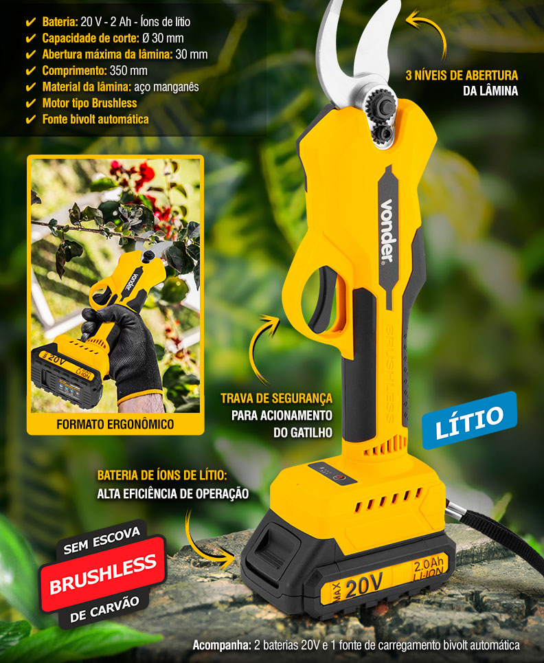 VONDER - Tesoura para Poda a Bateria, 20 V, TPV 200