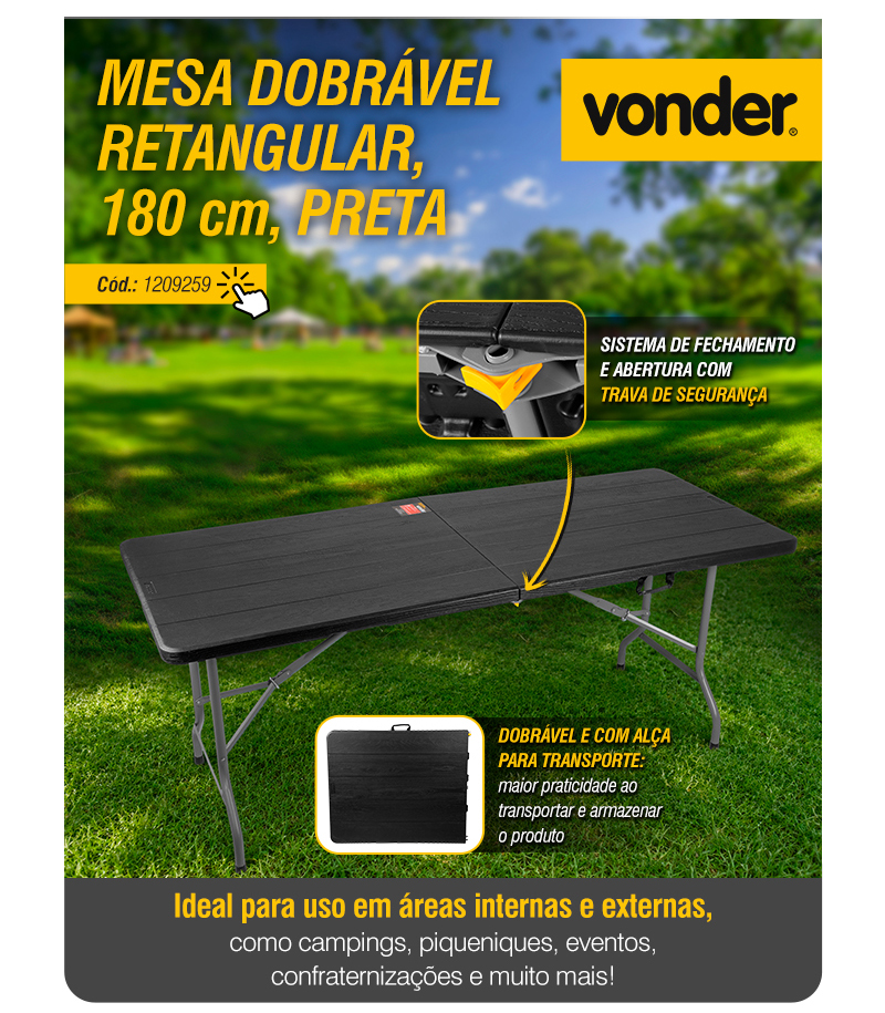VONDER - Mesa Dobr�vel Retangular, 180 cm, Preta