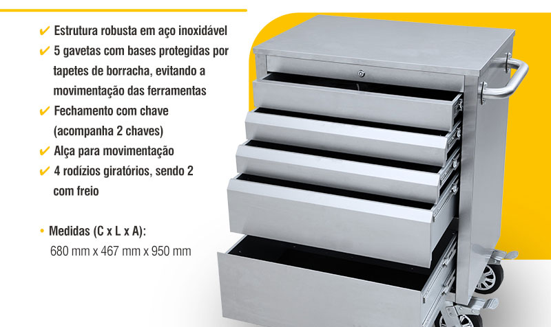 VONDER PLUS - Carro em A�o Inox para Ferramentas, com 5 Gavetas CFI 550