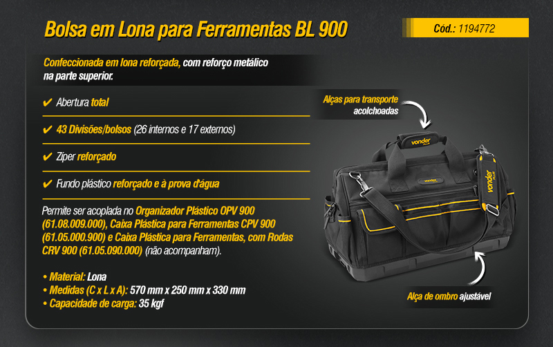 VONDER PLUS - Organizador Plstico OPV 900, Bolsa em Lona BL 900 e Caixas Plsticas para Ferramentas CPV 900 e CRV 900