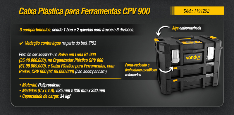 VONDER PLUS - Organizador Plstico OPV 900, Bolsa em Lona BL 900 e Caixas Plsticas para Ferramentas CPV 900 e CRV 900