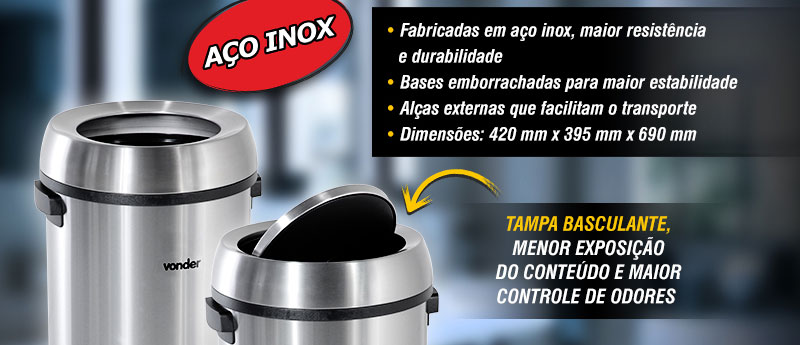 VONDER - Lixeiras Redondas 65 Litros, Inox