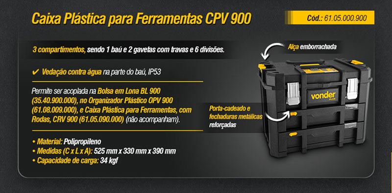 VONDER PLUS - Organizador Plstico OPV 900, Bolsa em Lona BL 900 e Caixas Plsticas para Ferramentas CPV 900 e CRV 900