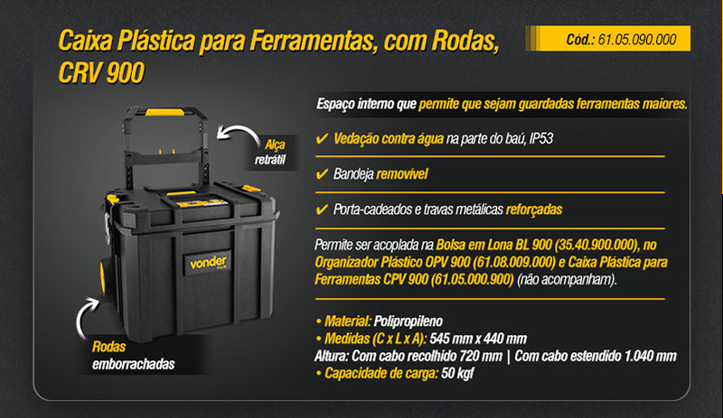 VONDER PLUS - Organizador Plstico OPV 900, Bolsa em Lona BL 900 e Caixas Plsticas para Ferramentas CPV 900 e CRV 900s