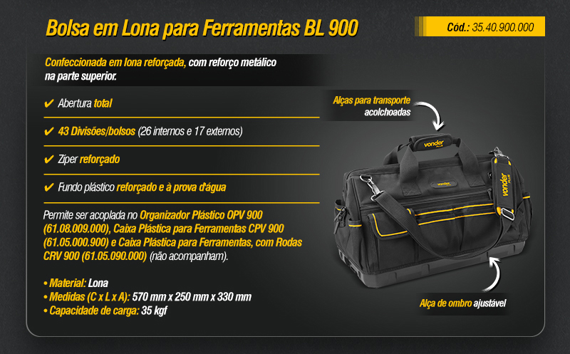 VONDER PLUS - Organizador Plstico OPV 900, Bolsa em Lona BL 900 e Caixas Plsticas para Ferramentas CPV 900 e CRV 900