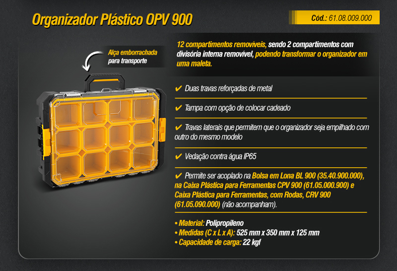 VONDER PLUS - Organizador Plstico OPV 900, Bolsa em Lona BL 900 e Caixas Plsticas para Ferramentas CPV 900 e CRV 900