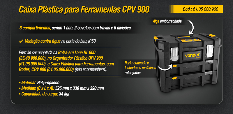VONDER PLUS - Organizador Plstico OPV 900, Bolsa em Lona BL 900 e Caixas Plsticas para Ferramentas CPV 900 e CRV 900