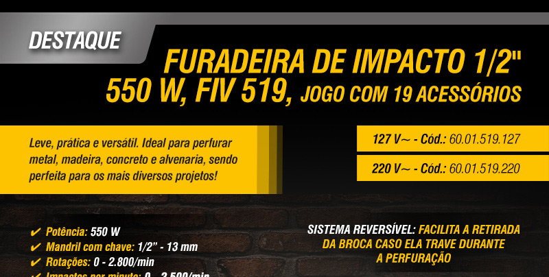 VONDER - Furadeira de Impacto 1/2, 550 W, FIV 519, jogo com 19 acessrios
