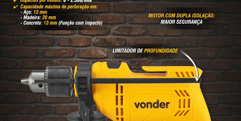 VONDER - Furadeira de Impacto 1/2, 550 W, FIV 519, jogo com 19 acessrios