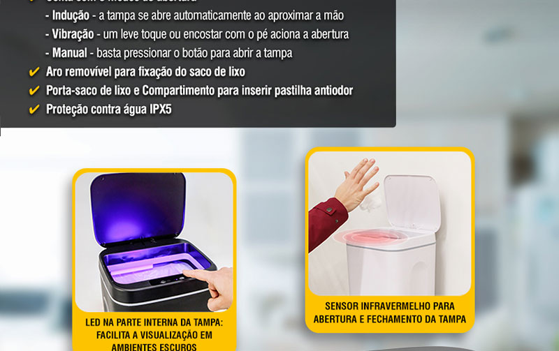 VONDER - Lixeira Retangular com Sensor de Abertura, Bateria Recarregvel, 12 Litros, Plstica