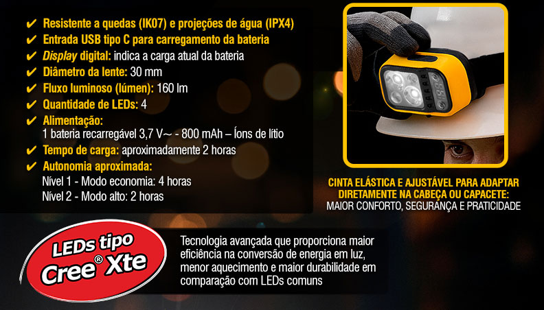 VONDER - Lanterna de LED para cabeça, recarregável, LED CREE Xte, LCV 220