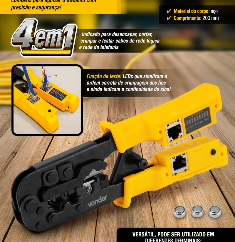 VONDER - Alicate crimpador 4 em 1, para cabos de rede e dados, AC 410