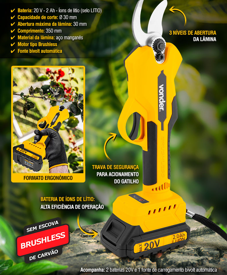 VONDER - Tesoura para Poda a Bateria, 20 V, TPV 200