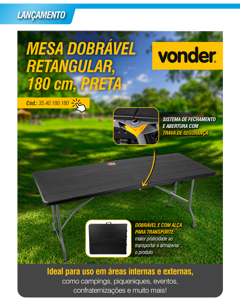 VONDER - Mesa Dobr�vel Retangular, 180 cm, Preta