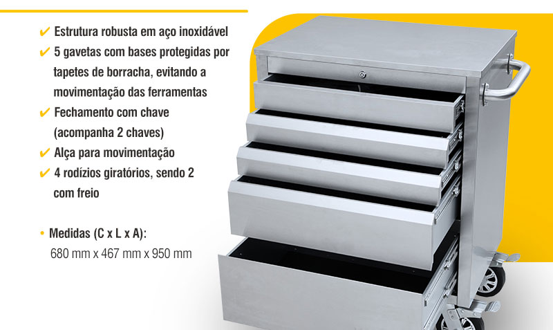 VONDER PLUS - Carro em A�o Inox para Ferramentas, com 5 Gavetas CFI 550